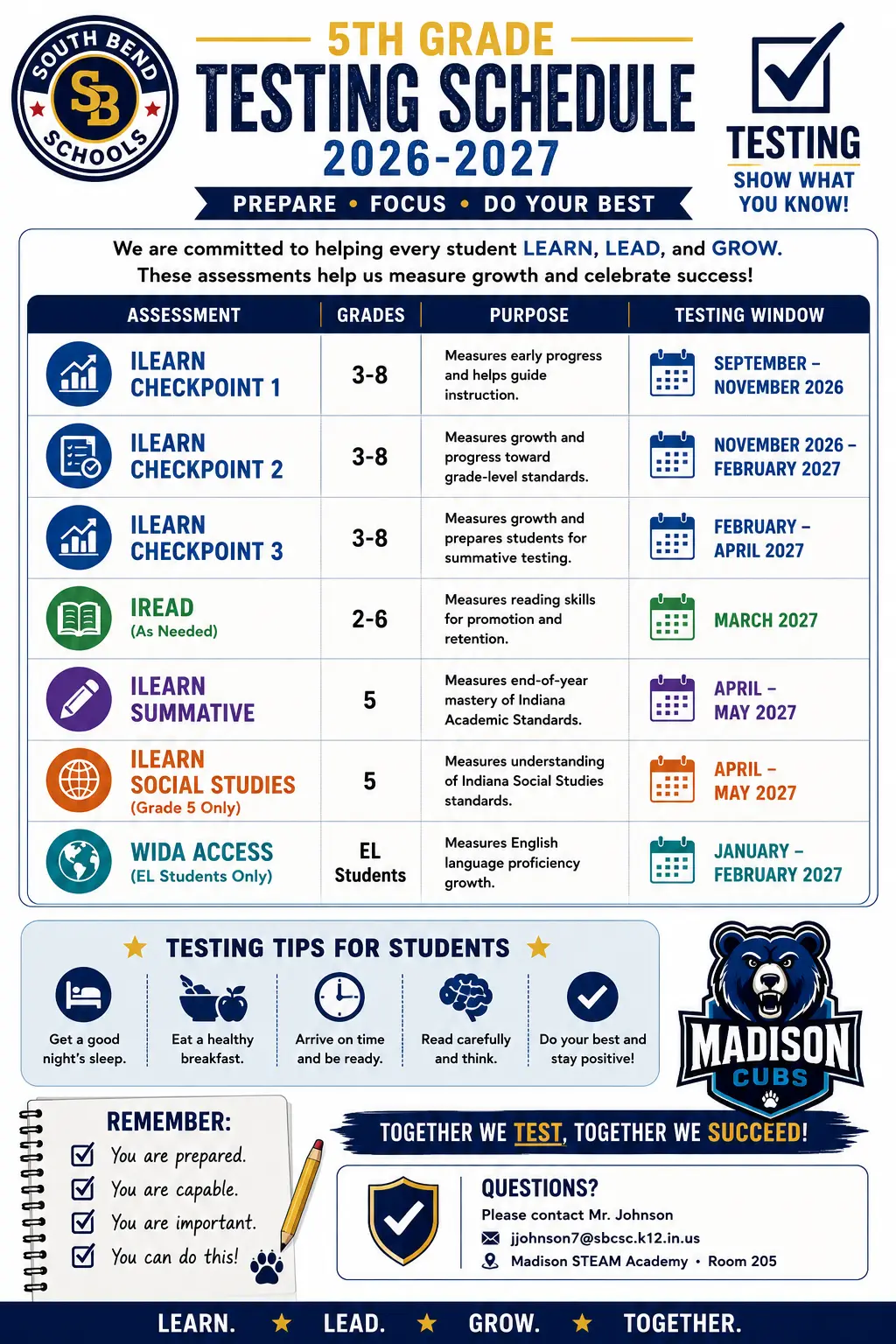 Fifth-grade testing schedule for the 2026–2027 school year